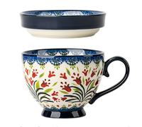 Dowbom Soup Mug With Lid, 500ml Microwave Soup Bowl, Ceramic Soup Mug, Breakfast Bowl, Bouillon Cup (Flower-H,500ml)