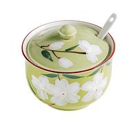 Dowbom Sugar Bowl With Lid And Spoon, 300ml Storage Jar, Flower Sugar Container, Sugar Jar, Sugar Pot, Sugar Dish (Green)