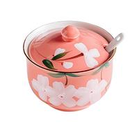 Dowbom Sugar Bowl With Lid And Spoon, 300ml Storage Jar, Flower Sugar Container, Sugar Jar, Sugar Pot, Sugar Dish (Pink)