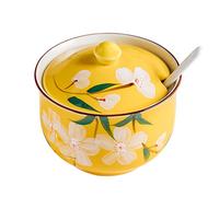 Dowbom Sugar Bowl With Lid And Spoon, 300ml Storage Jar, Flower Sugar Container, Sugar Jar, Sugar Pot, Sugar Dish (Yellow)