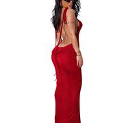 Doweha Women Backless Cowl Neck Cocktail Going Out Dress Halter Slip Long Semi Formal Party 2026 Spring Summer Maxi Dress, A-red, L