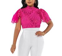 Doweha Women’s Sexy Ruffle Long Sleeve Summer Lace Tops 2024 Puff Flare Shirt V Neck Hollow Out Button Down Tunic Blouses, B-rose Red, S