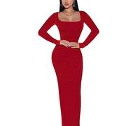 Doweha Women's Square Neck Long Sleeve Maxi Dress Sexy Knit Bodycon Long Dress for Women, A-red-long Sleeve, M