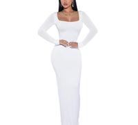Doweha Women's Square Neck Long Sleeve Maxi Dress Sexy Knit Bodycon Long Dress for Women, A-white-long Sleeve, L