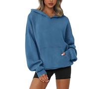 dowerme Women Oversized Sweaters 2024 Lantern Long Sleeve Drop Shoulder Chunky Knit Hooded Pullover Sweater with Pocket, Denim Blue, Large