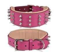 DowgClub | Genuine Leather Spike Dog Collar | Full Grain, Heavy Duty | Padded, Comfortable, Strong, Best for Large, X-Large Breeds | 2" Wide (L (Fit Neck Size 18.5"-22.5"), Pink - Silver Spikes)