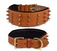 DowgClub | Genuine Leather Spike Dog Collar | Full Grain, Heavy Duty | Padded, Comfortable, Strong, Best for Large, X-Large Breeds | 2" Wide (L (Fit Neck Size 18.5"-22.5"), Brown - Gold Spikes)