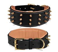 DowgClub | Genuine Leather Spike Dog Collar | Full Grain, Heavy Duty | Padded, Comfortable, Strong, Best for Large, X-Large Breeds | 2" Wide (L (Fit Neck Size 18.5"-22.5"), Black - Gold Spikes)