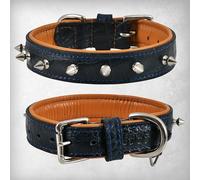 DowgClub Spiked Leather Dog Collar - 1 Inch Wide Full Grain Bridle Leather, Crocodile Pattern, Heavy Duty Padded Design - for Small Breeds (Midnight Blue, S (Fit Neck 11.5"-14.5"))