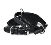 DowgClub | Tactical Dog Collar with Handle, Genuine Saddle Grade Leather Heavy Duty | Comfortable, Padded, Strong | Best for Medium, Large & X-Large Breeds (M (Fit Neck Size 14.5"-18.5"), Black)