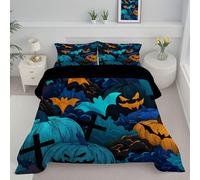Down Alternative Comforter Set with 2 Shams Pumpkins, Bats And Crosses Reversible Coverless Duvet Halloween Theme Soft Warm Bed Quilt - Machine Washable for All Seasons 240x260cm, Neon Blue