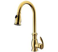 Down Rotation Flexible Sink Faucet with Pull Out 2-Mode Sprayer Brass Deck Mounted Kitchen Hot and Cold Mixer Tap, Single Handle,Orb (Color : Gold)