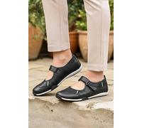 Down To Earth Women's Leather Touch Fastening Perforated Comfort Shoe in Black | Size: 4 Down To Earth Black 4