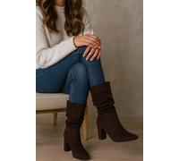 Down To Earth Women's Mid Calf Block Heel Slouch Boots - Faux Suede Pull-On Dress Boots in Brown | Size: 7 Down To Earth Brown 7