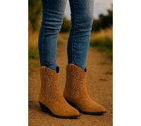 Down To Earth Women's Western Studded Micro Faux Ankle Cowboy Boots with Pointed Toe & Low Heel in Tan | Size: 4 Down To Earth Tan 4