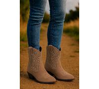 Down To Earth Women's Western Studded Micro Faux Ankle Cowboy Boots with Pointed Toe & Low Heel in Taupe | Size: 3 Down To Earth Taupe 3
