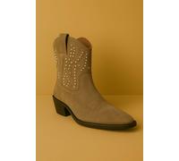 Down To Earth Women's Western Studded Suede Ankle Cowboy Boots with Pointed Toe & Low Heel in Taupe | Size: 3 Down To Earth Taupe 3