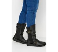 Down To Earth Women's Wide Fit Mid Calf Biker Boots with Buckle Detail in Black | Size: 5 Down To Earth Black 5