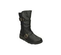 Down To Earth Women's Wide Fit Mid Calf Biker Boots with Buckle Detail in Black | Size: 6 Down To Earth Black 6