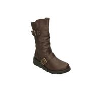 Down To Earth Women's Wide Fit Mid Calf Biker Boots with Buckle Detail in Brown | Size: 6 Down To Earth Brown 6