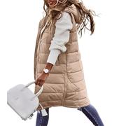 Down Vest Long with Hood Outdoor Vest Down Women's Jacket Quilted Coat Sleeveless Jacket Winter Light Weight Sweaters(Khaki,5XL)