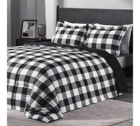 downluxe Lightweight Plaid Comforter Set (King) with 2 Pillow Shams - 3-Piece Set - Black/White Plaid - Down Alternative Reversible Comforter