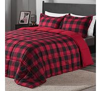downluxe Lightweight Plaid Comforter Set (King) with 2 Pillow Shams - 3-Piece Set - Red/Black Plaid - Down Alternative Reversible Comforter