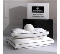 DOWNSTORIA Feather Down Pillows Queen Size Set of 2 with Gusset, Luxury Hotel Collection Bed Pillow 2 Pack, Down Surrounded Gusseted Pillows for Sleeping, Soft Fluffy for Side, Back Sleepers 20x30 in.