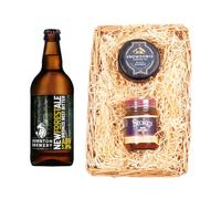Downton Brewery | Beer Wicker Tray Gift Set 3.8% ABV | 500ml | Features beer gift tray paired with Snowdonia cheddar and Stokes beer chutney for a savoury tasting set.