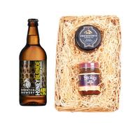 Downton Brewery | Beer Wicker Tray Gift Set 4.3% ABV | 500ml | Features beer gift tray paired with Snowdonia cheddar and Stokes beer chutney for a savoury tasting set.