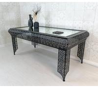 Downton Interiors Black Embossed Metal Mirrored Glass Coffee Table - Agadir Range | Size: Large Downton Interiors Black Large