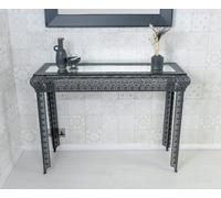 Downton Interiors Black Embossed Metal Mirrored Glass Console Table