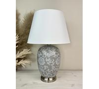 DOWNTON INTERIORS Large Grey Chinese Oriental Ceramic Porcelain Table Lamp with White Floral Pattern (G2117) (White Plain Shade)