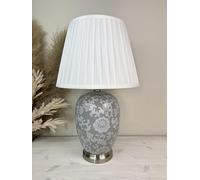 DOWNTON INTERIORS Large Grey Chinese Oriental Ceramic Porcelain Table Lamp with White Floral Pattern (G2117) (White Pleated Shade)