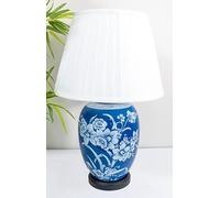 DOWNTON INTERIORS Large Royal Blue Chinese Oriental Ceramic Porcelain Table Lamp with White Floral Pattern Overall Height 56cm (G2101) (White Pleated Shade)