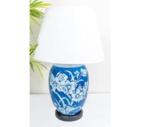 DOWNTON INTERIORS Large Royal Blue Chinese Oriental Ceramic Porcelain Table Lamp with White Floral Pattern Overall Height 56cm (G2101) (White Plain Shade)