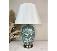 DOWNTON INTERIORS Large Teal Green Oriental Ceramic Table Lamp with Cherry Blossom Pattern (G2122) (Plain Shade)