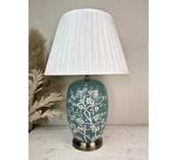 DOWNTON INTERIORS Large Teal Green Oriental Ceramic Table Lamp with Cherry Blossom Pattern (G2122) (Pleated Shade)