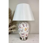DOWNTON INTERIORS Large White Oriental Ceramic Table Lamp with Multi Colour Butterfly Pattern (G2123) (Plain Shade)