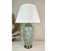 DOWNTON INTERIORS Sage Green Chinese Oriental Ceramic Porcelain Table Lamp White Floral Pattern (G2119) (White Pleated Shade)