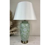 DOWNTON INTERIORS Sage Green Chinese Oriental Ceramic Porcelain Table Lamp White Floral Pattern (G2119) (White Plain Shade)