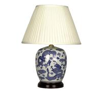DOWNTON INTERIORS UK Large Oriental Ceramic Table Lamp with Porcelain Base and Faux Silk Shade. Blue and White Traditional Fighting Dragons Design (M7396) - Chinese Mandarin Style