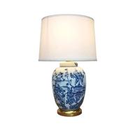 DOWNTON INTERIORS UK Large Oriental Ceramic Table Lamp with Porcelain Base and Faux Silk Shade. Blue and White Willow Tree Design (M12947) - Chinese Mandarin Style
