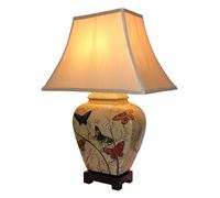 DOWNTON INTERIORS UK Large Oriental Ceramic Table Lamp with Porcelain Base and Faux Silk Shade. Olive and Cream with Traditional Butterfly and Blossom Design (M8844) - Chinese Mandarin Style