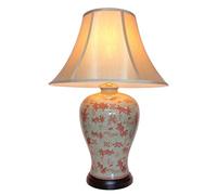 DOWNTON INTERIORS UK Large Oriental Ceramic Table Lamp with Porcelain Base and Faux Silk Shade - Pink Red Goldfish Design (M3406) - Chinese Mandarin Style