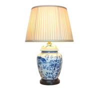 DOWNTON INTERIORS UK Large Oriental Ceramic Table Lamp with Porcelain Base and Faux Silk Shade. Traditional Blue and White Birds and Blossoms Design (M11488) - Chinese Mandarin Style