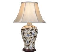 DOWNTON INTERIORS UK Large Oriental Ceramic Table Lamp with Porcelain Base and Faux Silk Shade. Traditional Blue and Silvery Butterflies Design (M9422) - Chinese Mandarin Style