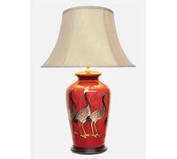 DOWNTON INTERIORS UK Large Oriental Ceramic Table Lamp with Porcelain Base and Faux Silk Silver Shade. Red with Black and Gold Cranes Design (M8604S) - Chinese Mandarin Style