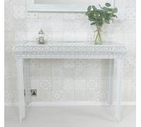 Downton Interiors White Embossed Metal Mirrored Glass Console Table - Agadir Collection
