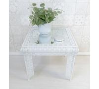 Downton Interiors White Embossed Metal Mirrored Glass Side Table - Agadir Collection | Size: Medium Downton Interiors White M